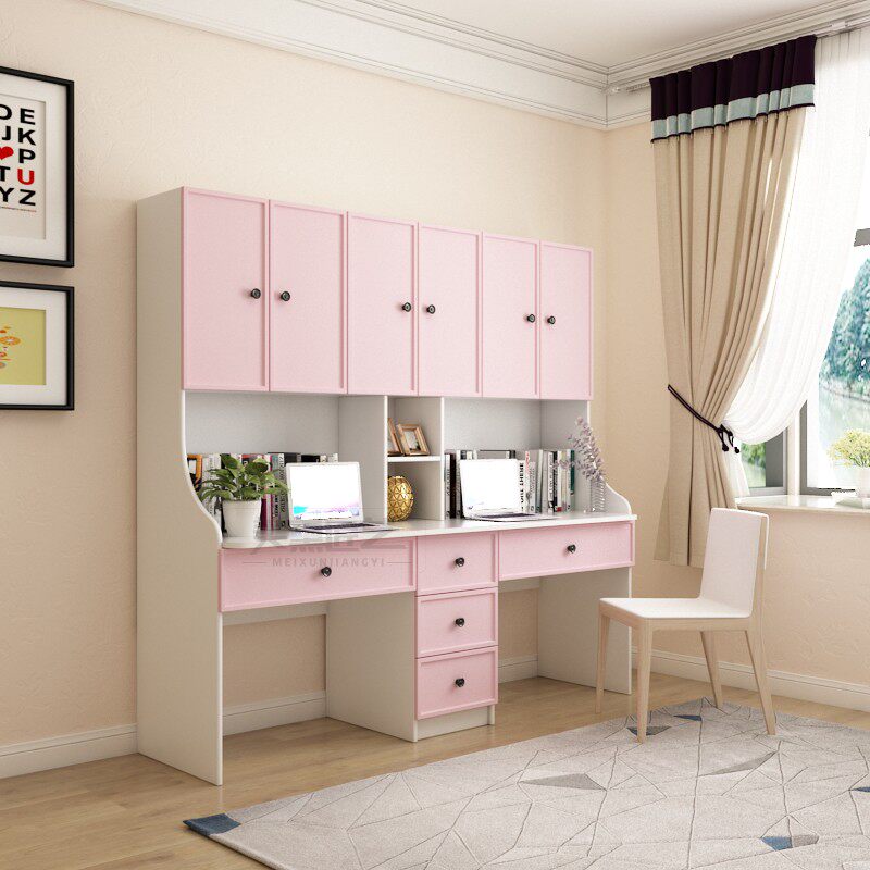 Jane Ou bookcase desk all-in-one pink female 2 4 meters long children's double computer desk desk study table - Taobao