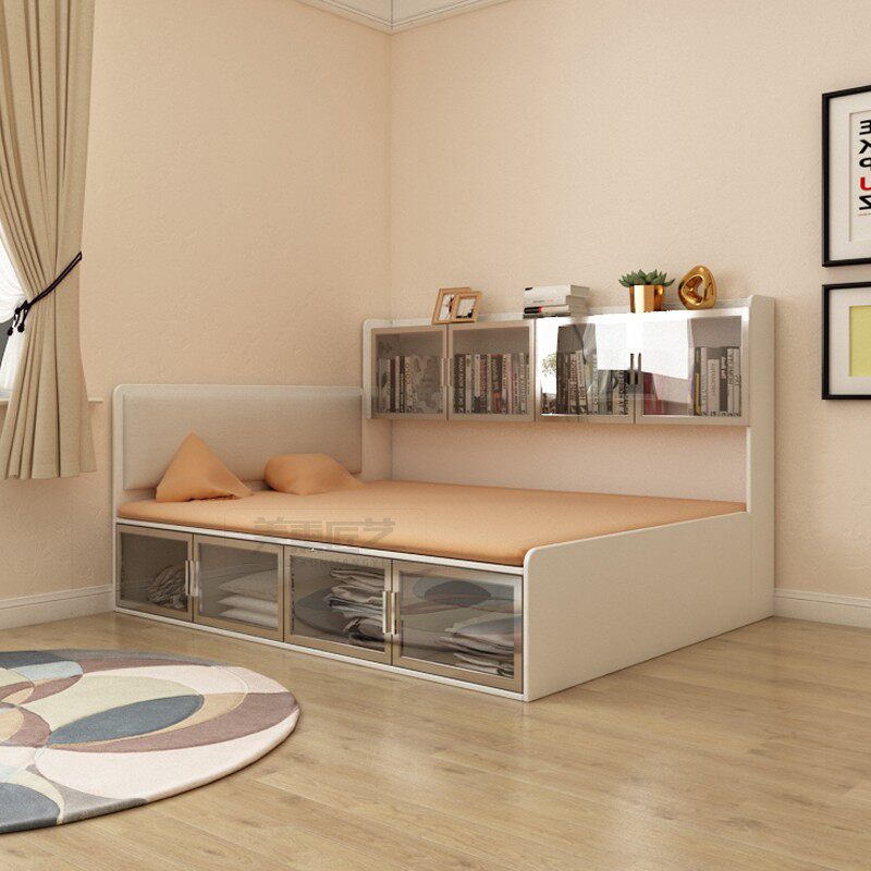 Tatami custom side bookshelf bed glass door 1 2m single small apartment children 1 35m high box storage bed