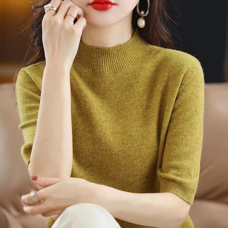 Half-High Collar, Five-Quarter Sleeve Knit Sweater for Women, Pullover Base Layer, Versatile Outerwear Top for Women