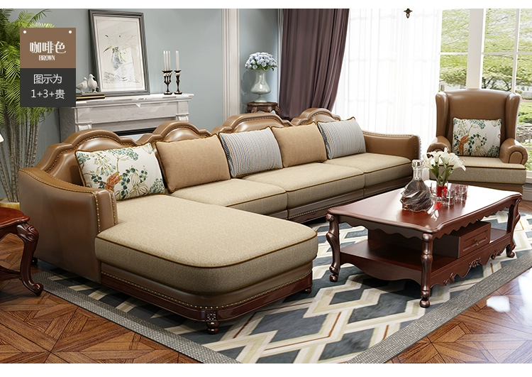 Sofa da Mỹ kết hợp phòng khách đồng quê sofa da vải L hình chữ L góc Địa Trung Hải rắn gỗ da nghệ thuật - Ghế sô pha