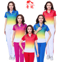 Jin Crown spring and summer Chinese dream couple red lapel sportswear set men and women Square Dance short sleeve T-shirt aerobics