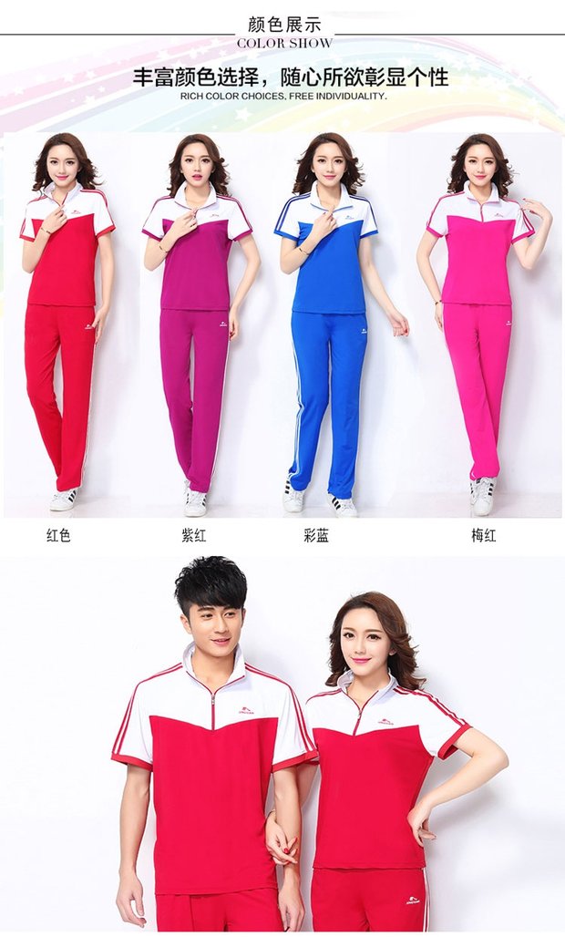 Jinguan mùa xuân và mùa hè phù hợp với trang phục thể thao nam và nữ tay ngắn Hàn Quốc lụa kích thước lớn trung niên thể dục nhịp điệu đích thực - Thể thao sau bộ thể thao nữ adidas