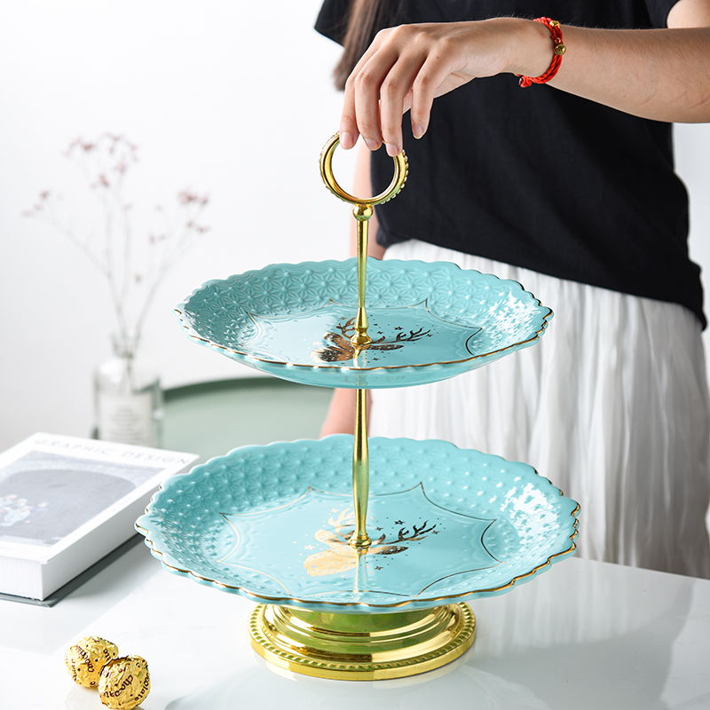Welfare ceramic double-layer fruit plate modern creative American dried fruit plate living room coffee table decoration light luxury model room soft decoration