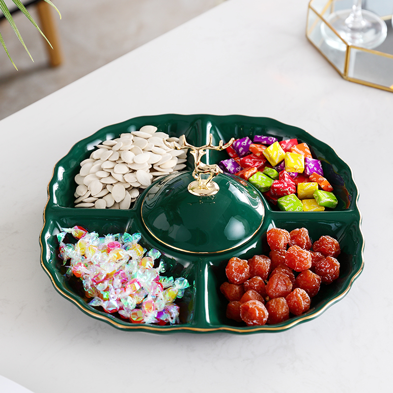Light luxury ceramic dried fruit plate candy box with lid living room tea table grid melon seeds snack plate model room soft decoration