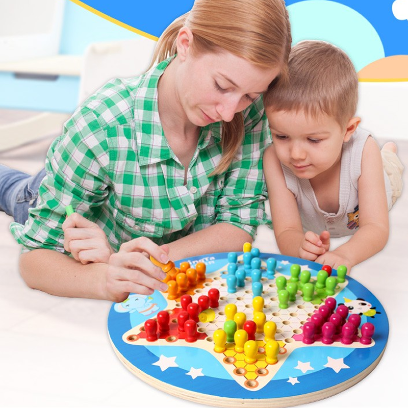 Nameta Wooden Checkers Tabletop Parenting Game Wooden Five Sub Chess Children Puzzle Toys Students Intelligence Bifacial Chess