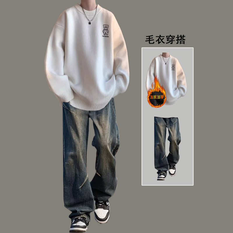 Fleece-Lined Thick Crew Neck Sweater for Men 2024 New Trendy Retro Lazy Style Inner Knitwear Base Layer Knit Shirt Fleece-Lined Thick Crew Neck Sweater for Men 2024 New Trendy Retro Lazy Style Inner Knitwear Base Layer Knit Shirt