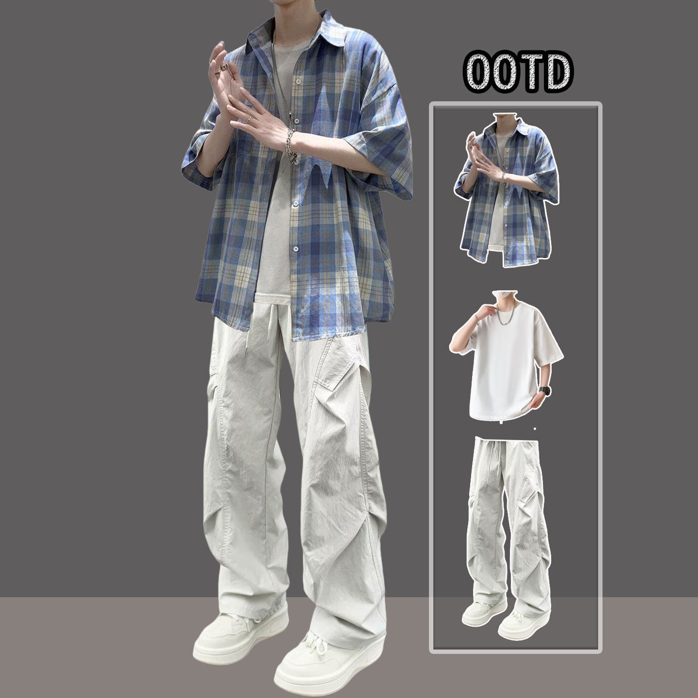 夏季美式格子短袖衬衫男潮牌宽松休闲痞帅高级感男生半袖衬衣外套