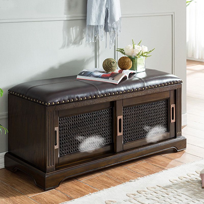 Simple and light luxury rattan door change shoe stool solid wood leather shoe cabinet entry door porch sliding door storage stool door change shoe stool