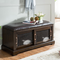 Simple and light luxury rattan door change shoe stool solid wood leather shoe cabinet entry door porch sliding door storage stool door change shoe stool