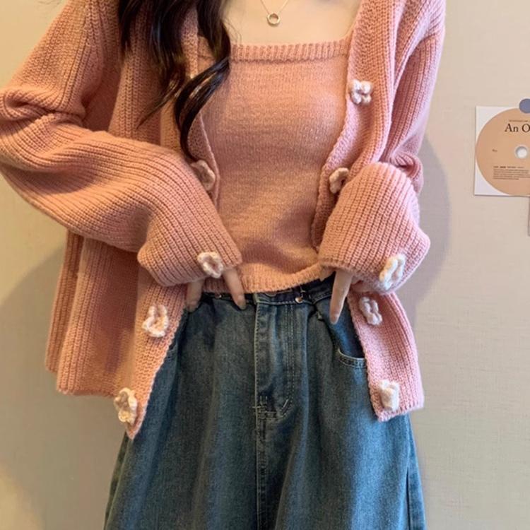 Short Knitted Cardigan for Women, Early Autumn 2024 New Style, Pink High-End Sweater Jacket Top with Camisole Two-Piece Set