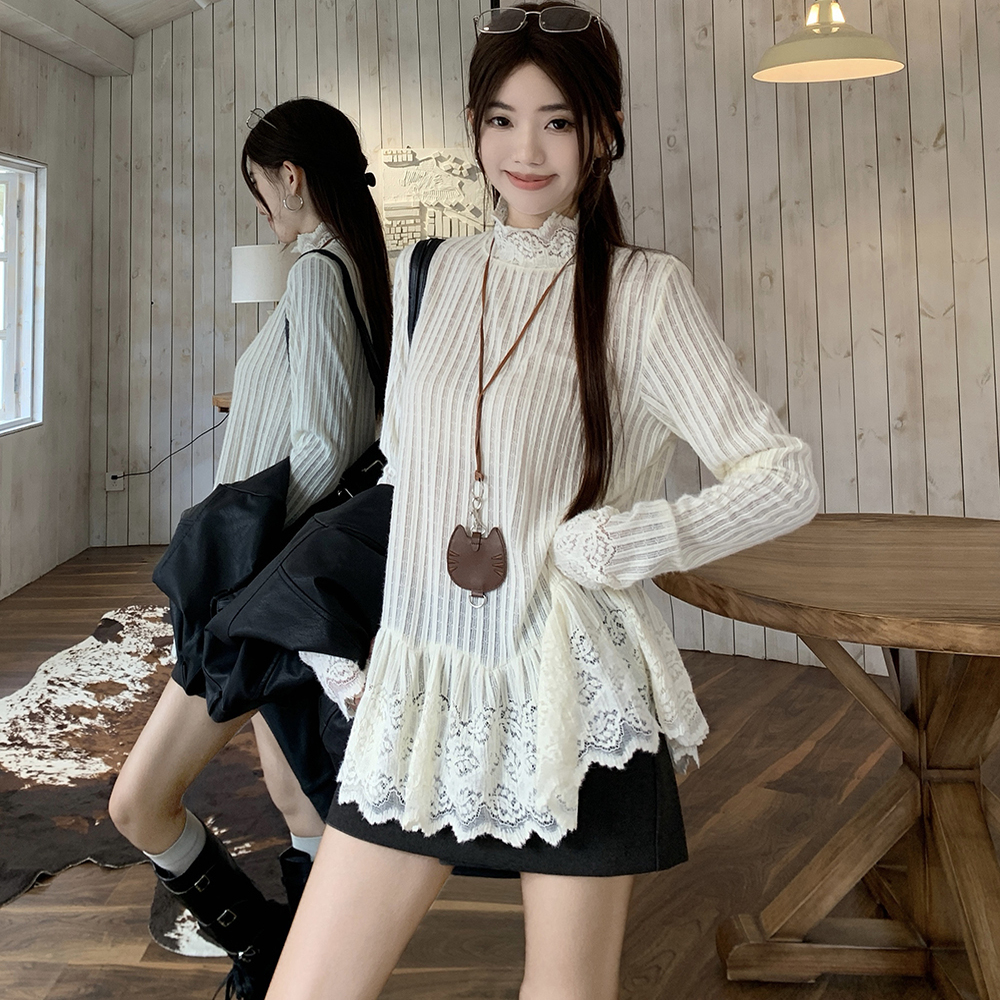 Белая блузка design sense niche, женская кружевная футболка с длинными рукавами, ранняя осенняя нишевая шикарная рубашка с внутренней отделкой