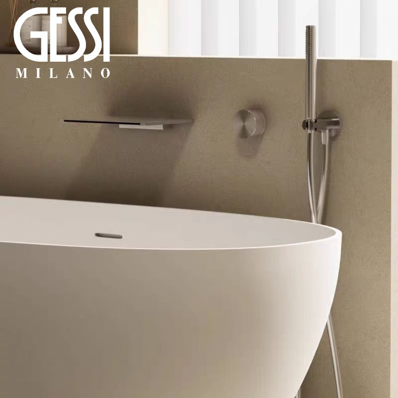 Italian Gessi Bathtub Faucet, Wall-Mounted, Pre-Embedded, Side Waterfall Faucet, Hot and Cold, Brushed Finish