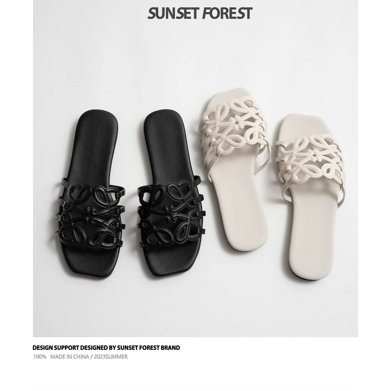 Sunset Forest Style Commuting Slippers for Women, Summer 2026 New Hollow Woven Roman Sandals, Open Toe
