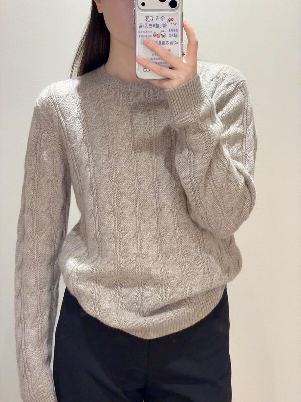 Cos Style Cable-Knit Wool Sweater, Solid Color, Round Neck, Long Sleeve, Beige, New for Autumn 26, 1345058002