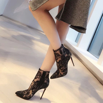  European and American sexy mesh booties womens spring and autumn 2021 new Martin boots transparent ankle boots black pointed stilettos