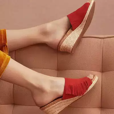 Cool drag women's summer wear fashion leather thick-soled tassel sexy wedge sandals 2021 new high-heeled straw slippers