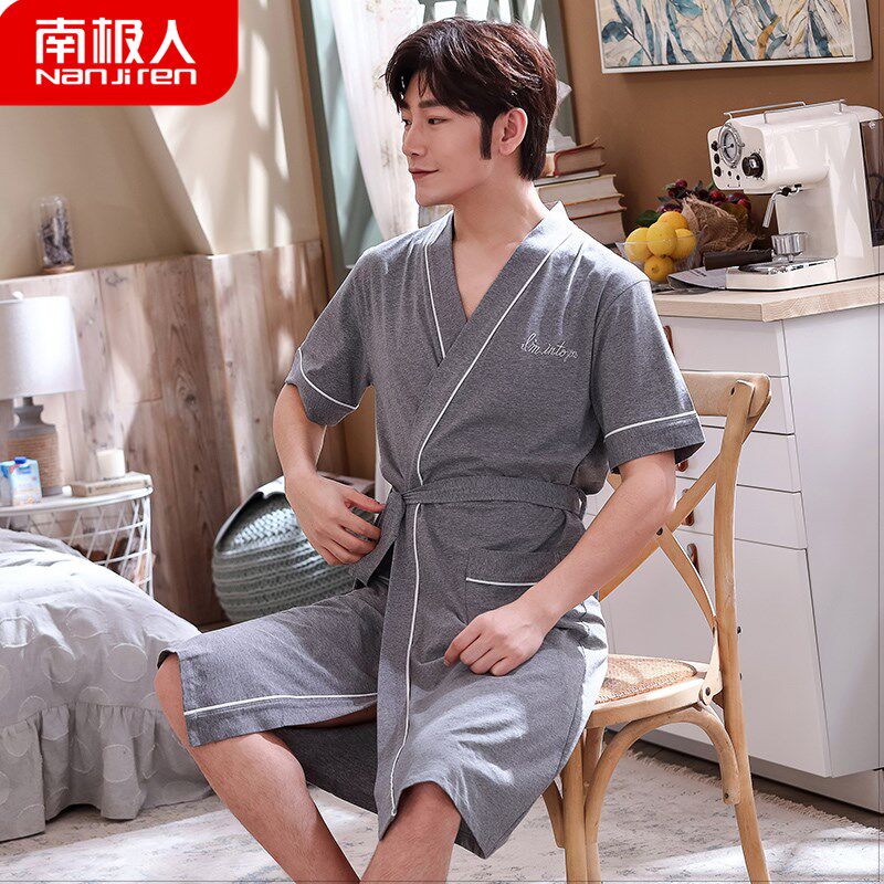 South Pole sleeping robe men's pure cotton short sleeve pyjamas summer loose large size bathrobe full cotton medium long version of thin bathing suit