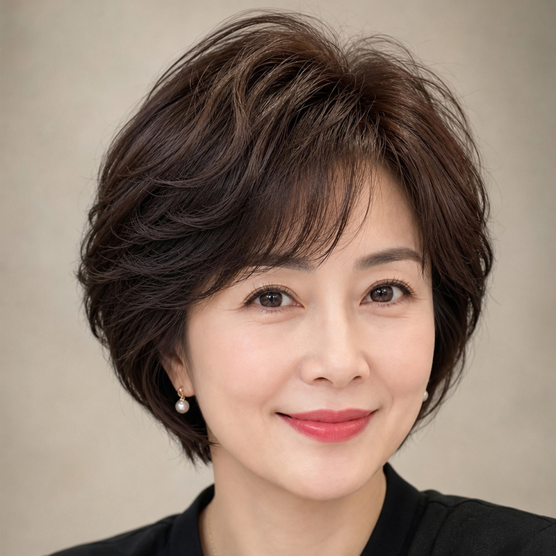 Full Head Wig for Women, Real Human Hair, Natural Everyday Style, Side Bangs, Elegant and Age-Reducing, Suitable for Middle-Aged and Elderly Mothers