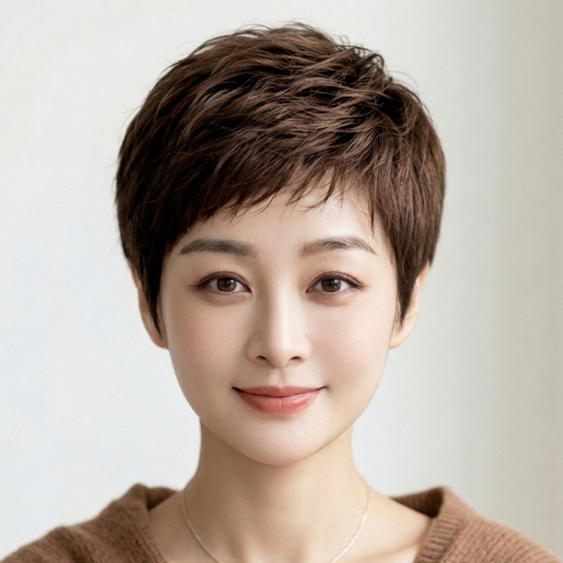 Short Hair Wig, Full Head Cover, Real Human Hair, Curly Texture, Middle-Aged and Elderly Mother Style, Fashionable, Breathable, Fully Hand-Woven Style