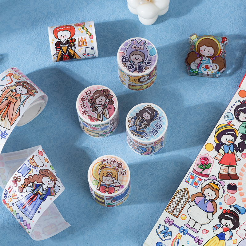 Agot Cartoon Hand Ledger Tape Stickers Figure Girl Hearts Princess Gel Rolls Material Decorative and Paper Toil