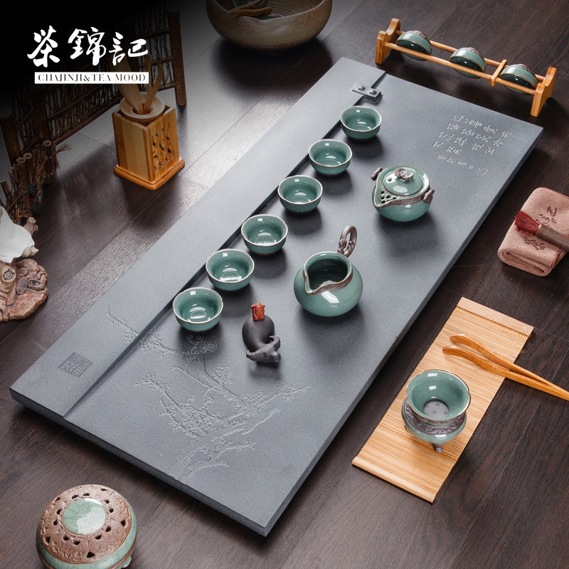 Tea Kam Kee Simple Black Stone Tea Tray Chinese Large Household Drainage Natural Stone Kung Fu Tea Set