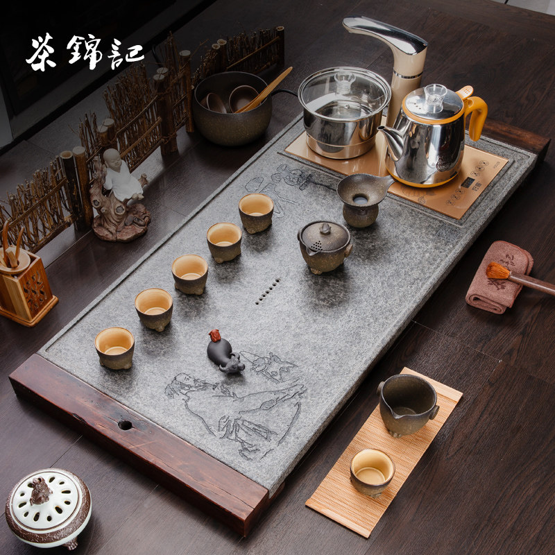 Tea Brocade Wurkin Stone Tea Tray Home Whole Natural Kutian Tea Furniture Set Group Induction Cookware Integrated Brief Stone Tea Table