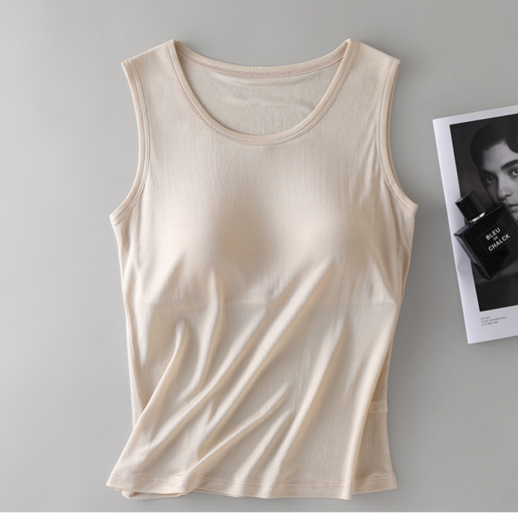 100% Mulberry Silk Wide-Shoulder Women's Tank Top with Chest Pads, No Need to Wear a Bra, Breathable Sleeveless Silk Base Shirt, Plus Size