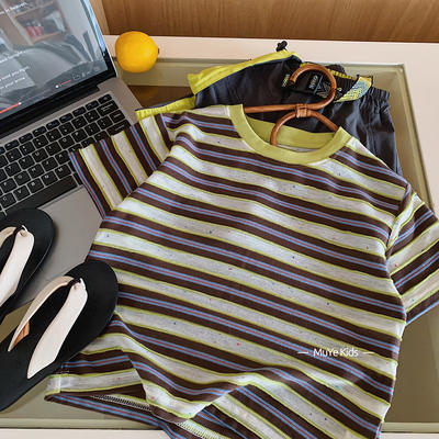 Summer 2026 Children's short-sleeved color-blocking striped fashion T-shirt, boys' Korean-style versatile and cool top, half-sleeved T-shirt