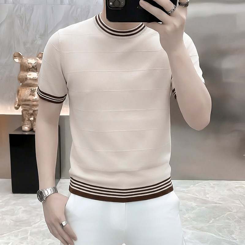 Men's Color-Blocked Round Neck Ice Silk Knit Short-Sleeve T-Shirt, Summer Stretchy Solid Color Half-Sleeve Sweater, Trendy