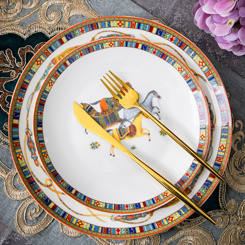 Underglaze Colored Bowl and Plate Set for Home Use, Jingdezhen Year of the Horse Zodiac Tableware, European-Style Bone China Hermes Bowls, Plates, and Chopsticks for Gift-Giving