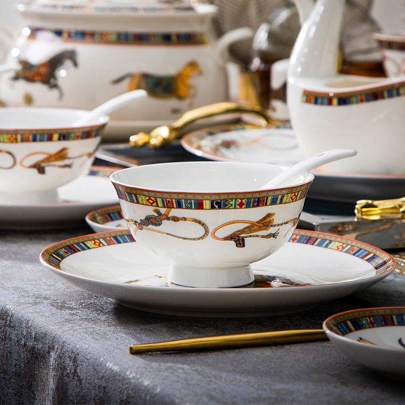 Underglaze Color DIY Bowl, Plate, and Chopstick Set Tableware Set Jingdezhen Rice Bowl, Dish, Plate, Hermes-Style Bowlware for Home Use