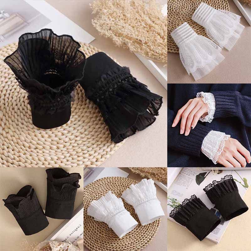 Fake Cuffs, Short Connected Sleeves, Flared Fake Sleeves, Detachable Lace Mesh Trim Wrist Sweatshirt Gloves Decoration for Women