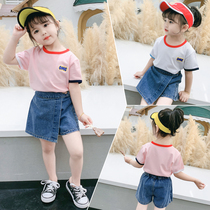 Girls summer denim skirt suit little girl foreign style culottes female treasure fresh short-sleeved cute casual two-piece suit