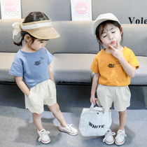 Childrens clothing girls summer suit girl baby summer short-sleeved 1-3 years old 2 pure cotton girls foreign style two-piece suit fashionable