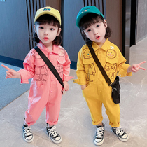 Girls embroidered spring long-sleeved jumpsuit childrens overalls childrens baby trendy brand jumpsuit baby spring and autumn wear