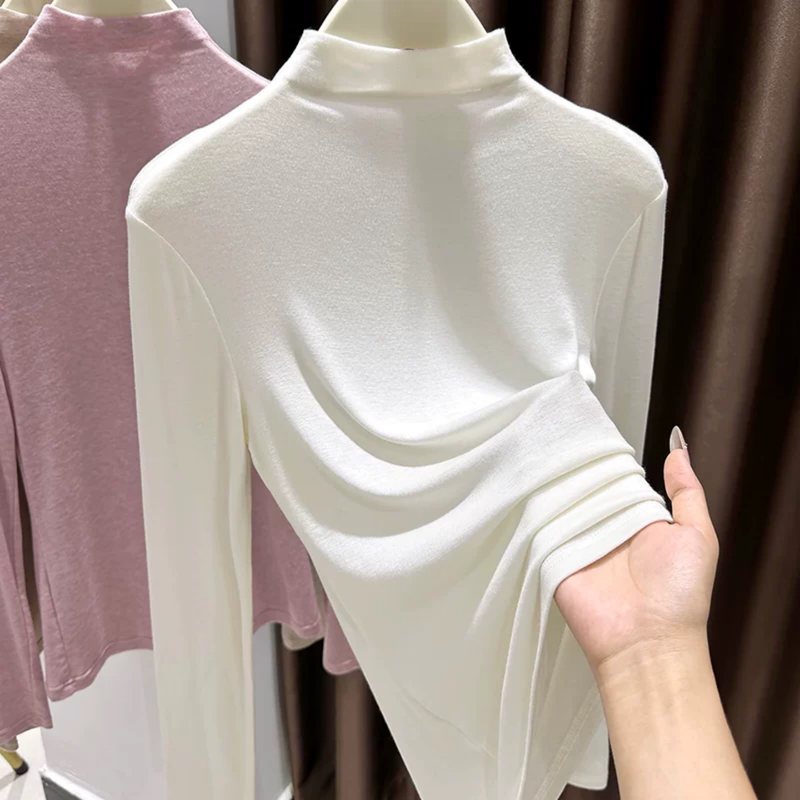 Half Turtleneck Knitted Base Shirt for Women, Autumn and Winter, Slim Fit, Thin, Soft and Cozy, Layering Inner Top, Off-White Long-Sleeve Shirt Half Turtleneck Knitted Base Shirt for Women, Autumn and Winter, Slim Fit, Thin, Soft and Cozy, Layering Inner Top, Off-White Long-Sleeve Shirt