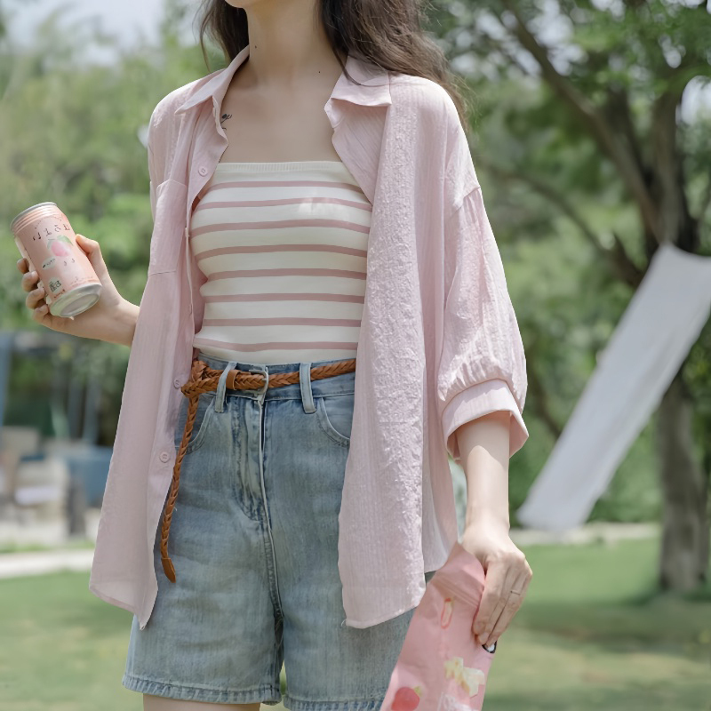 Shirt, Sun Protection Clothing, Women's Summer Cardigan, Outer Wear for Small People, Loose and Lazy Style, Pink Shirt Jacket Shirt, Sun Protection Clothing, Women's Summer Cardigan, Outer Wear for Small People, Loose and Lazy Style, Pink Shirt Jacket