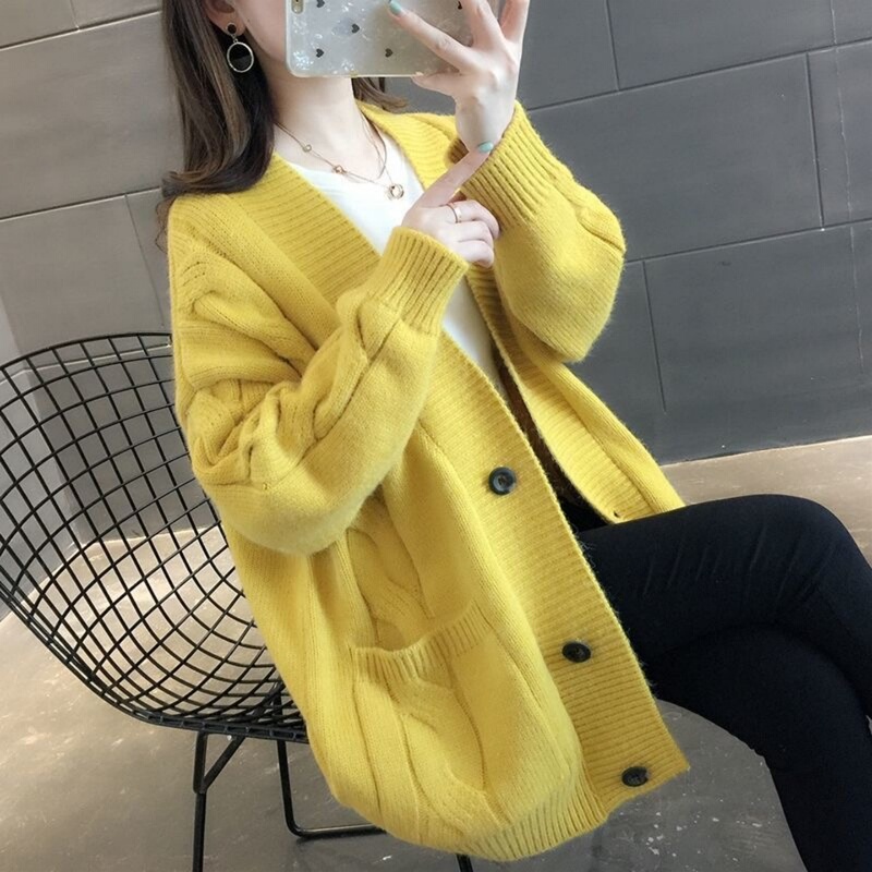 2026 New Autumn and Winter Korean Style Lazy Style Plus Size Fat mm Thickened V-Neck Sweater Cardigan Loose Knitted Jacket for Women 2026 New Autumn and Winter Korean Style Lazy Style Plus Size Fat mm Thickened V-Neck Sweater Cardigan Loose Knitted Jacket for Women