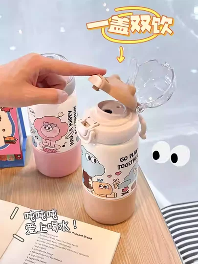 Small Tea Diary Three-In-One Insulated Cup Large Capacity Cute Water Bottle for Girls Children Students Straw Cup Gift