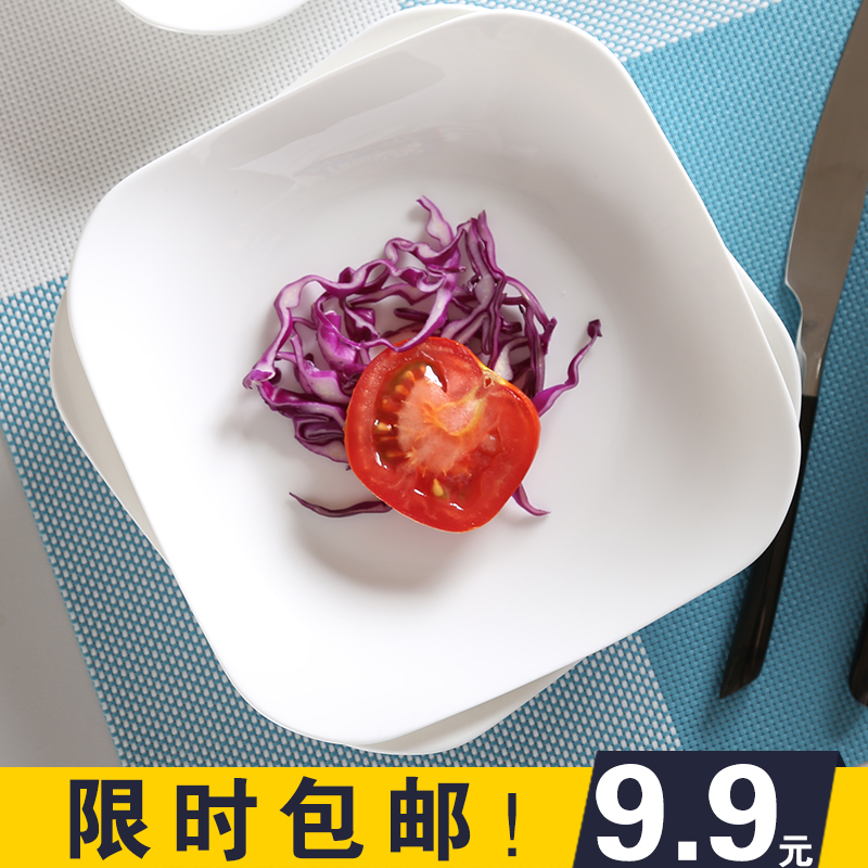 Pure white household plate square plate Ceramic soup plate Creative tableware Hotel bone china dinner plate Deep plate plate