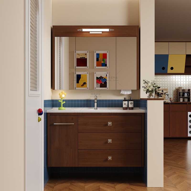 Medieval-Style Pull-Out Bathroom Cabinet Set, Oak Lacquered, Japanese-Style Large Storage Bathroom Vanity Sink Cabinet