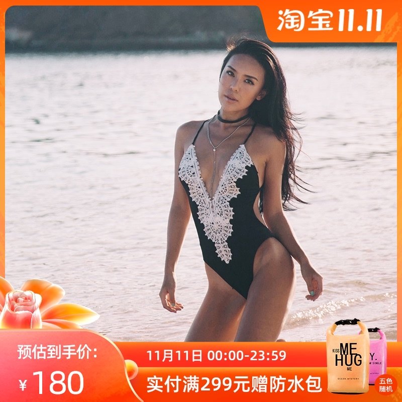 OceanMystery vacation new black lace one-piece swimsuit women spa belly sexy bikini