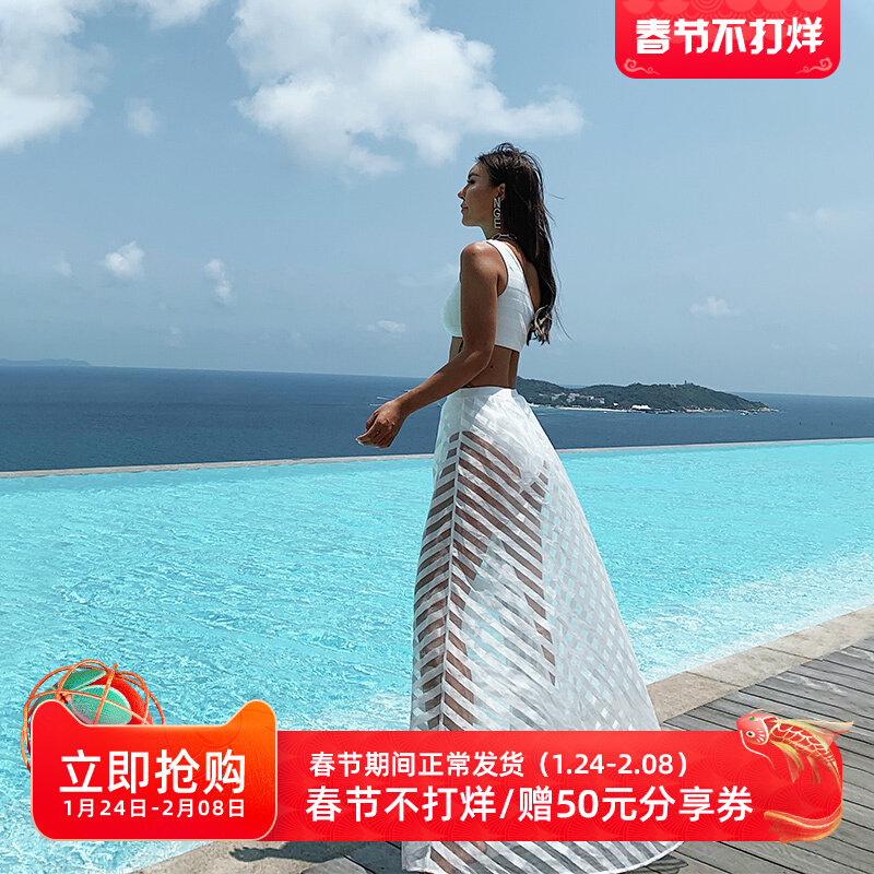 OCEAN MYSTERY NEW SEXY MESH WHITE SPLIT BEACH SKIRT BIKINI WRAP SET