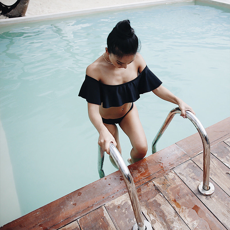 OceanMystery New Beach Black Lotus Leaf Two Piece Swimsuit Women's Conservative Hot Spring Bikini