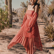 Ocean Mystery red red sexy dress womens new thin pleated chiffon stitching Beach Skirt