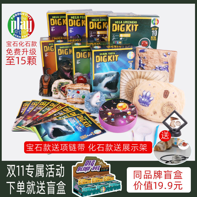 American Children's Dinosaur Archaeological Excavation Toy Natural Gem Shark Tooth Fossil Specimen Paleontological Set