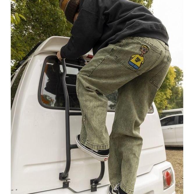 American Retro Embroidered Straight-Leg Jeans for Men, Street Style Washed Loose Skate Wide-Leg Pants, Casual Sports Long Pants, Trendy