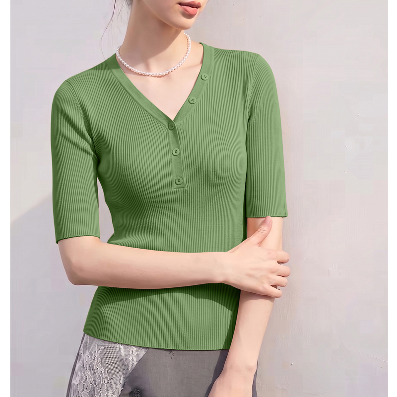 Minimalist Style Green V-Neck Button Design Slim-Fit Knit Sweater T-Shirt for Women, Comfortable and Versatile Mid-Sleeve Sweater for Autumn Minimalist Style Green V-Neck Button Design Slim-Fit Knit Sweater T-Shirt for Women, Comfortable and Versatile Mid-Sleeve Sweater for Autumn
