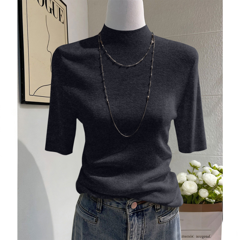 Solid Color Half-High Collar Mid-Sleeve Knit Top for Women, New Spring Style, Black, Slimming, Stylish, Merino Wool Short-Sleeve Base Shirt