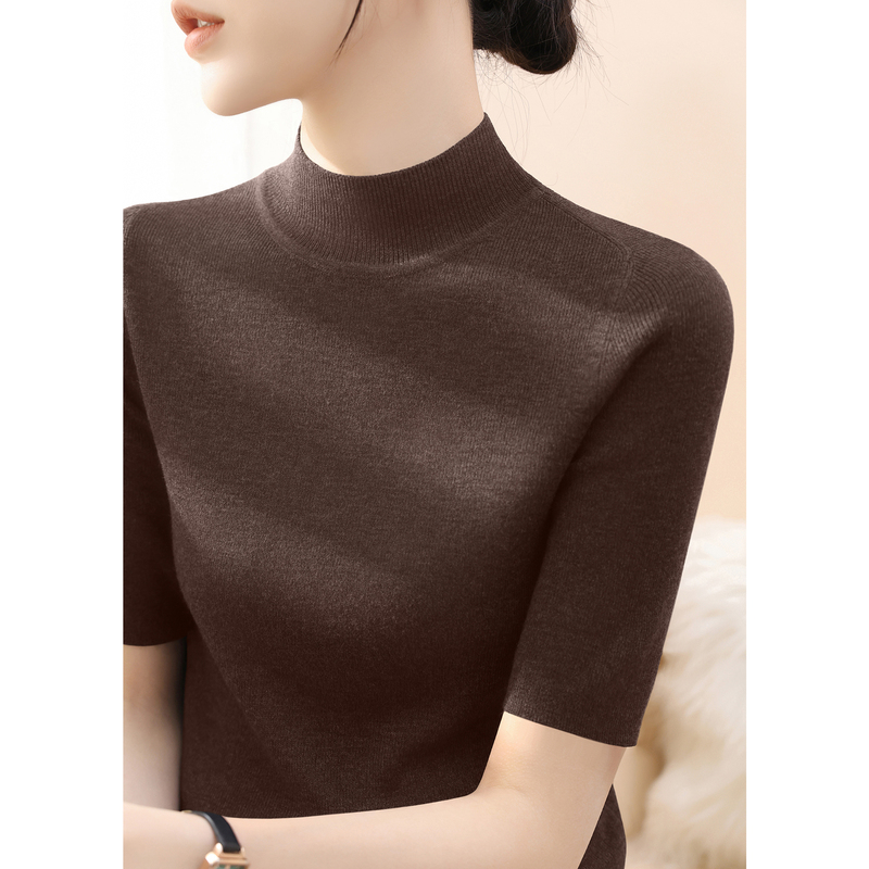 Melard Style Brown Half-Turtleneck Sweater for Women, New Merino Wool Knit Base Shirt, Autumn Half-Sleeve Top Melard Style Brown Half-Turtleneck Sweater for Women, New Merino Wool Knit Base Shirt, Autumn Half-Sleeve Top